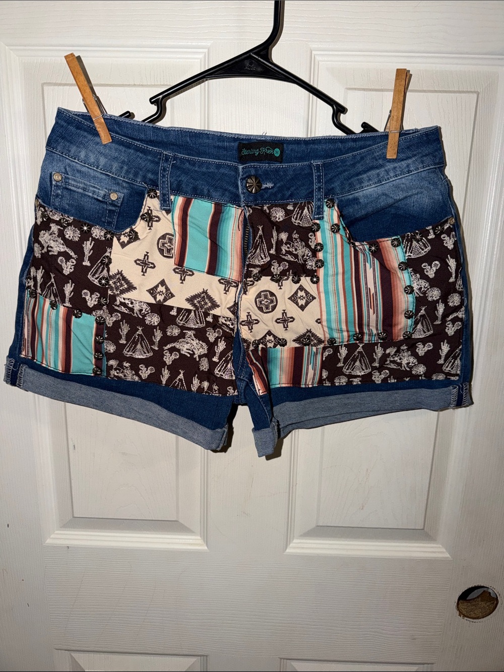 Patchwork Denim Jean Shorts with Turquoise & Brown Print
